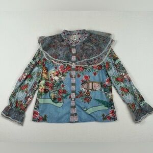 Women’s Long Sleeve Mesh Collar Blue Multi Print Blouse Size Large